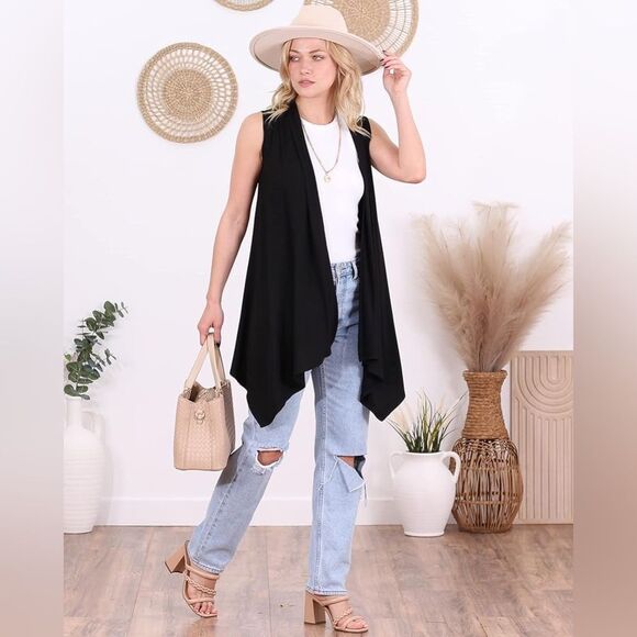 🆕 Black Vest Duster Cardigan Women’s 2X Boho Open Front Relaxed Long Flowy Plus - Picture 1 of 10